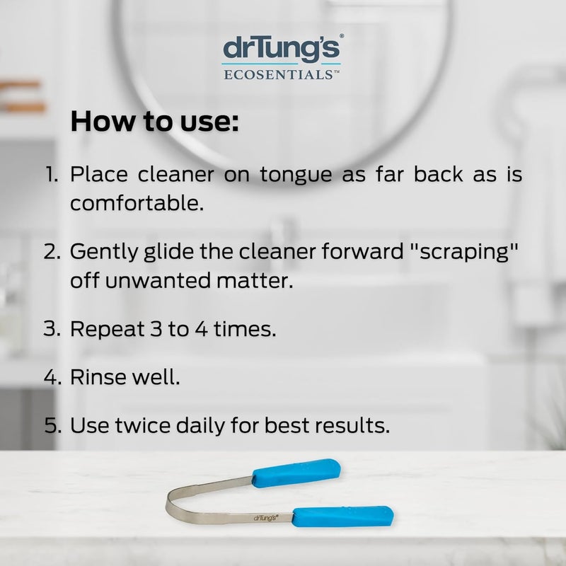 drTung's Stainless Steel Metal Tongue Scraper - Tongue Cleaner for Adults, Kids, Helps Freshen Breath, Easy to Use Comfort Grip Handle, Comes with Fabric Travel Pouch - Image 5